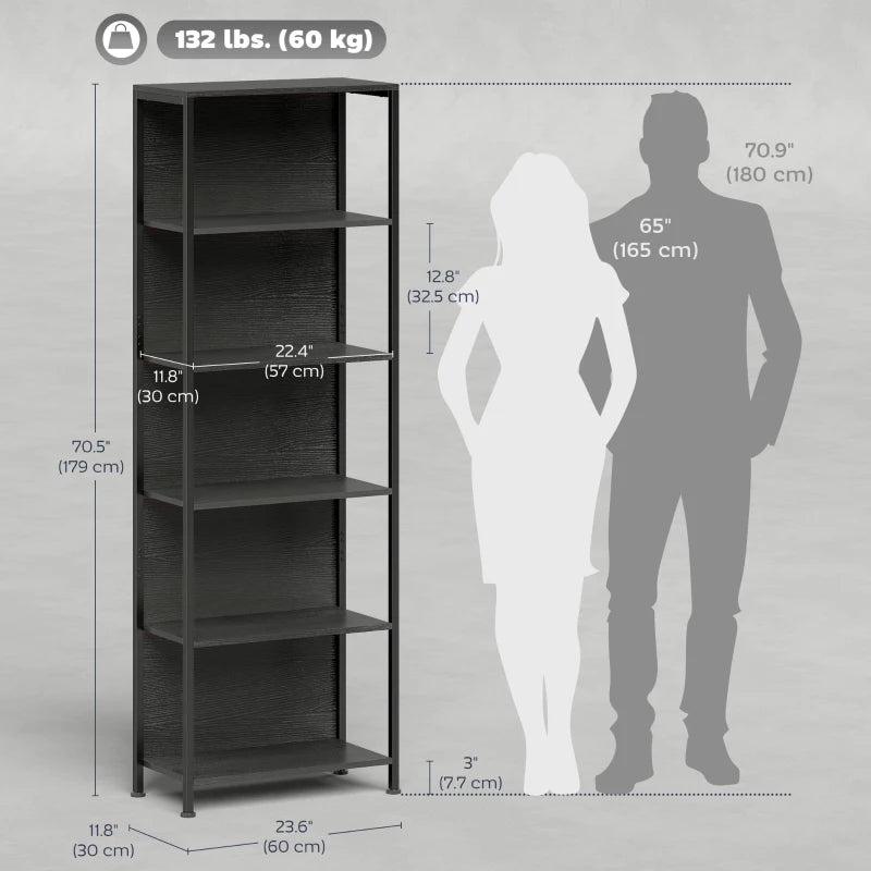 5-Tier Bookshelf, Freestanding Bookcase with LED Lights and Metal Frame for Living Room, Bedroom, Home Office, Black