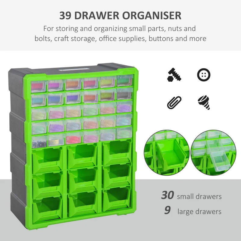 Plastic 39 Drawer Parts Organiser Wall Mount Storage Cabinet for Small Nuts Bolts Tool Green