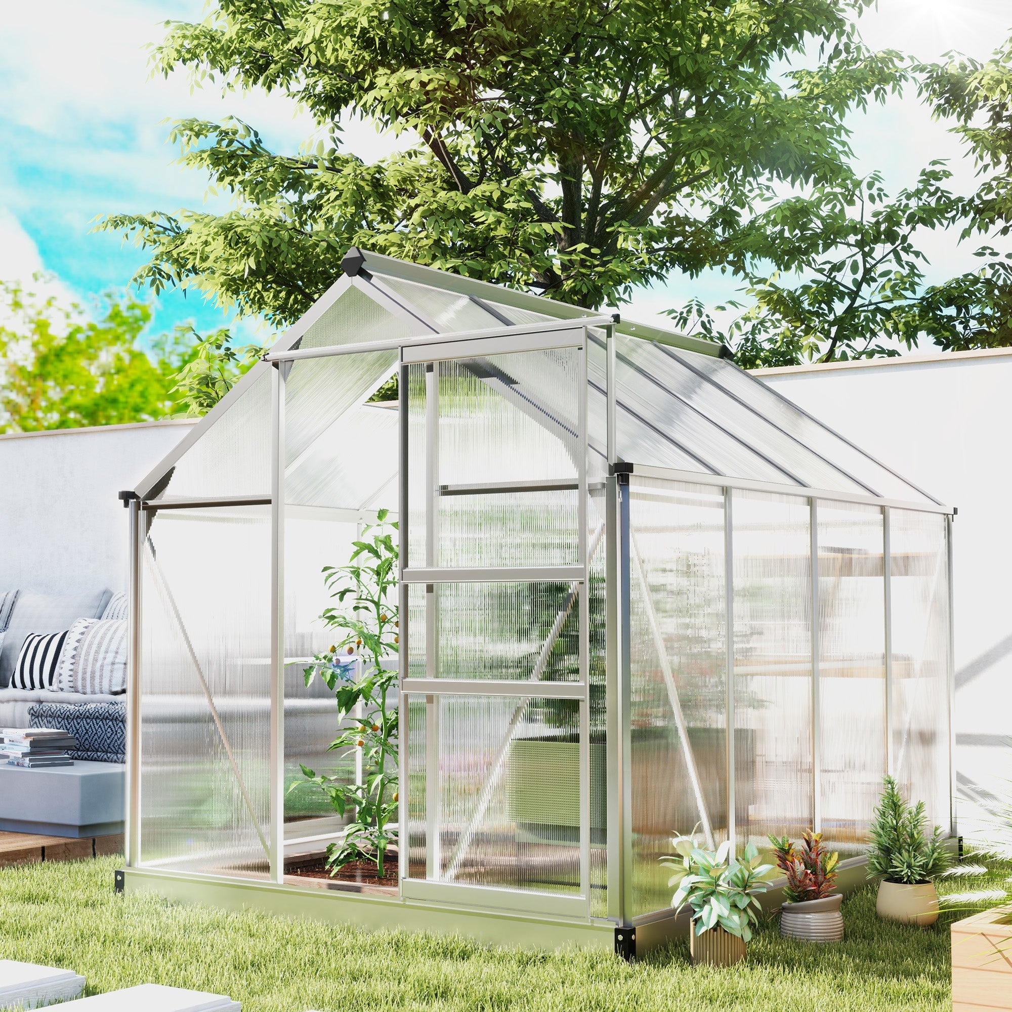 Outsunny 6' x 8' x 6.6' Polycarbonate Greenhouse, Walk-In Green House Kit Garden, Plants Grow, Galvanized Sheet Aluminum Frame with Rain Gutter, Vent and Sliding Door, Silver 