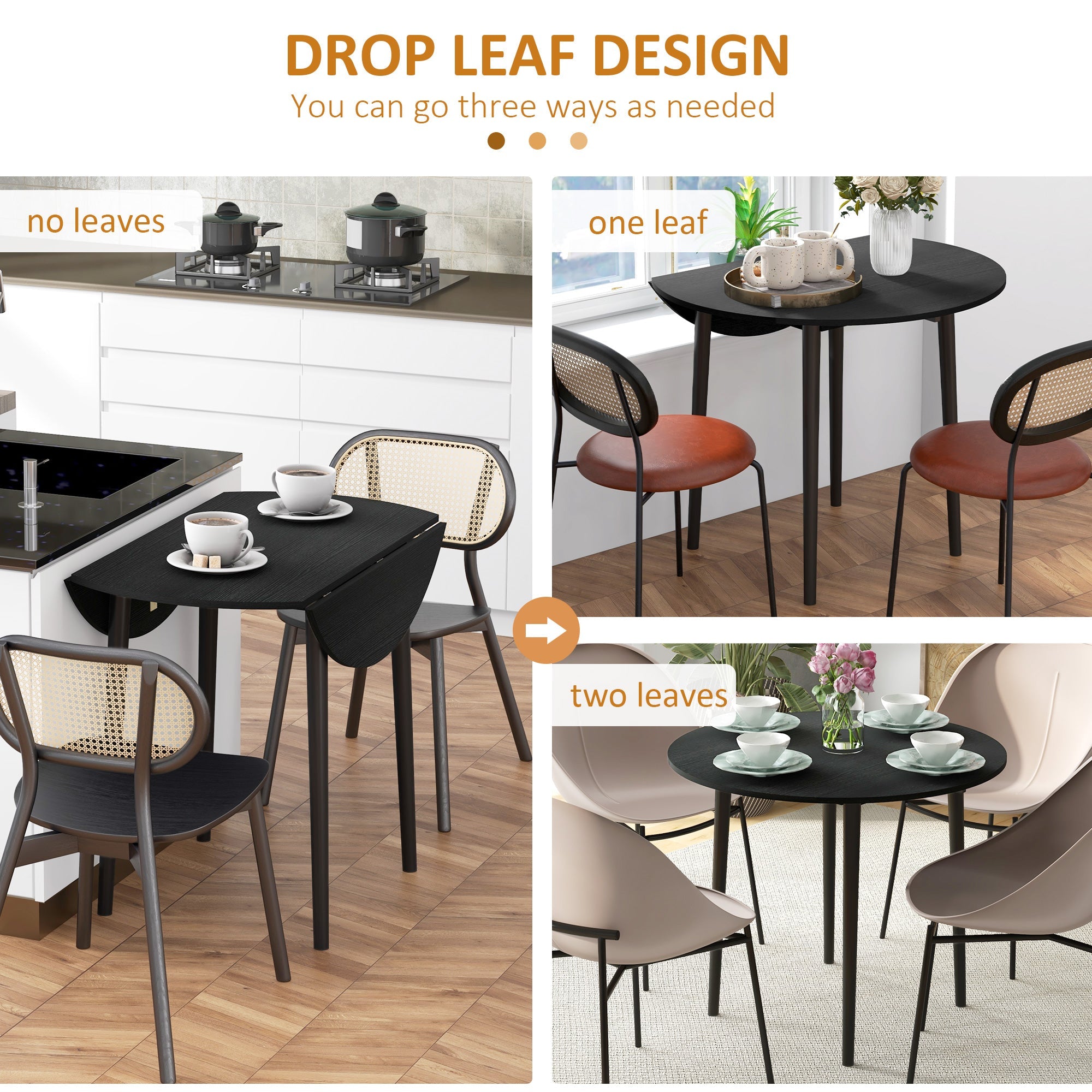 HOMCOM Folding Round Drop Leaf Dining Table 4 Seater Adjustable Length Wood Legs for Small Spaces Distressed Black 
