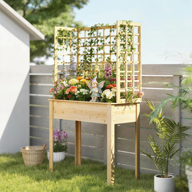 Wooden Raised Garden Bed with 3 Trellises, Outdoor Raised Planter with Drainage Holes