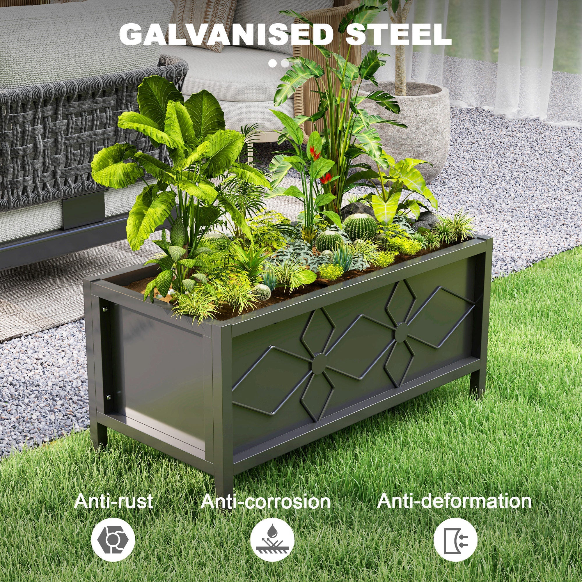 Outsunny Galvanized Raised Garden Bed with Drainage Holes, Metal Raised Flower Bed, Outdoor Galvanized Planter Box for Herbs 