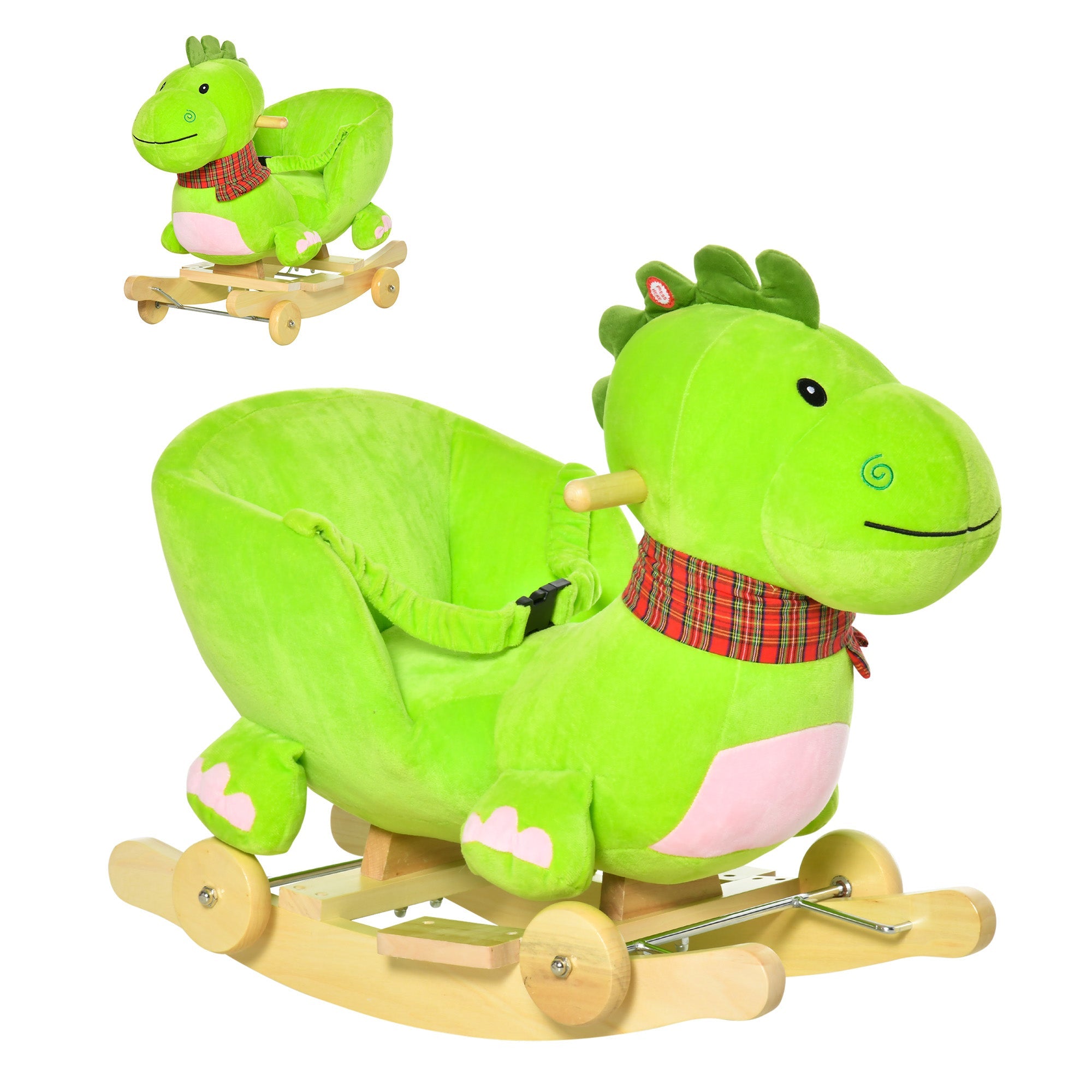 Qaba 2-in-1 Plush Ride-On Rocking Dinosaur Stroller with Nursery Rhymes Green for 18+ Months 