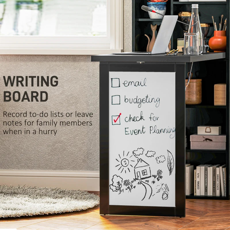 Wall Mounted Fold-Out Convertible Office Desk with Storage Shelves & Blackboard – Black