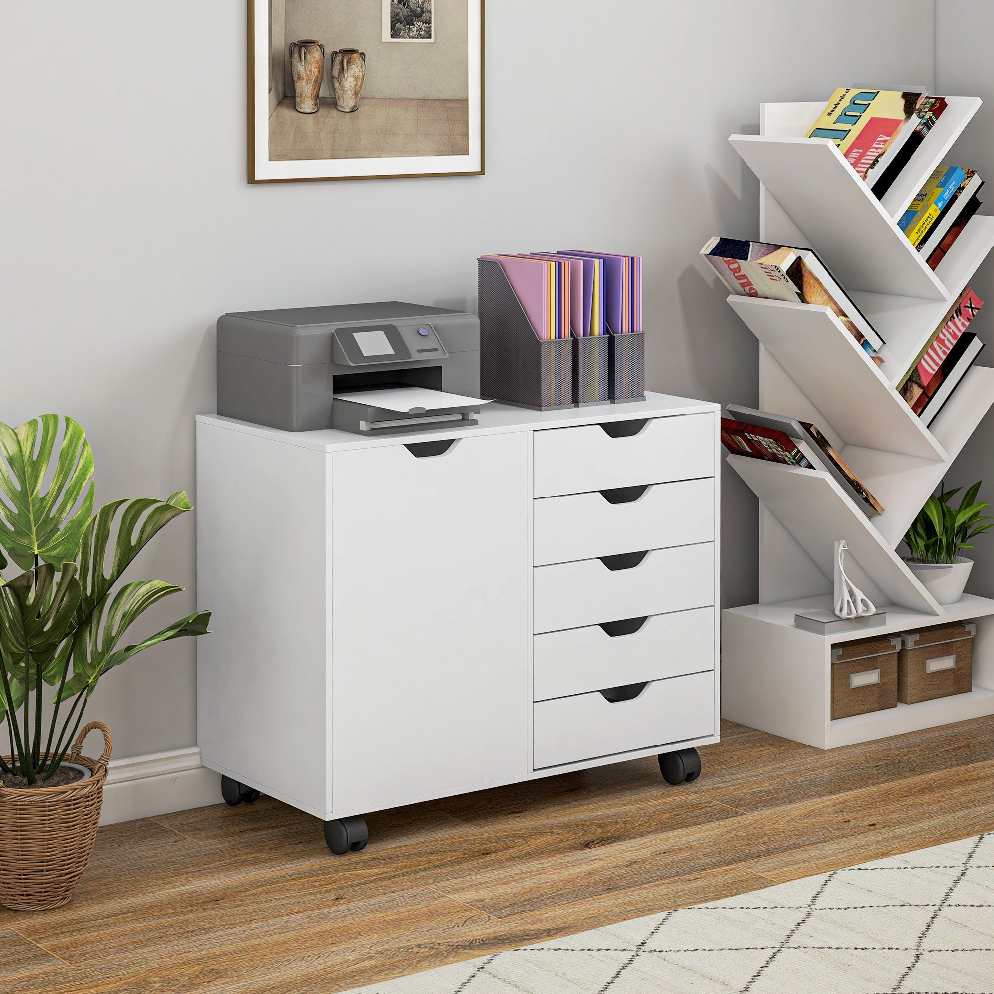 HOMCOM Mobile File Cabinet: 5 Drawers, Adjustable Shelf & Rolling Printer Stand for Study Organization 