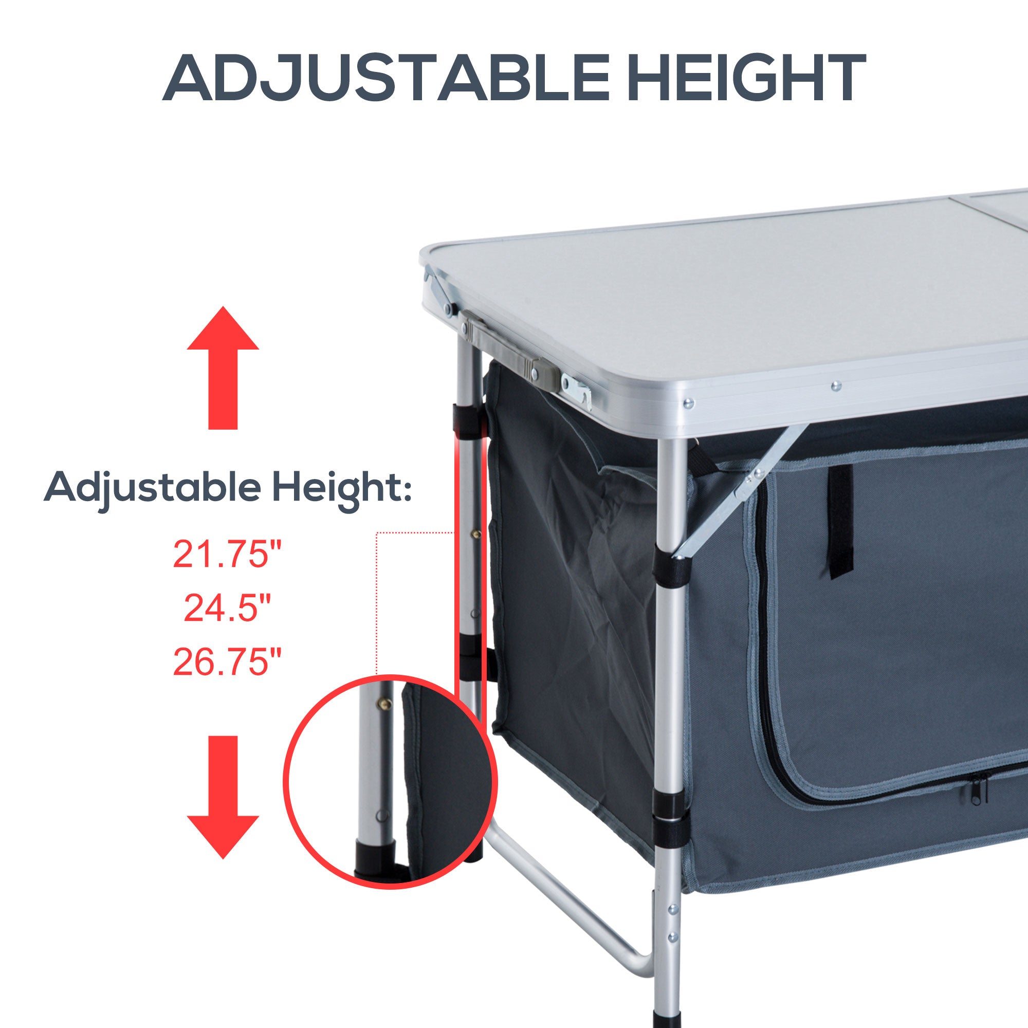 Outsunny Portable Folding Picnic Table Aluminum Adjustable Height with Storage Organizer for BBQ Camping Outdoor 