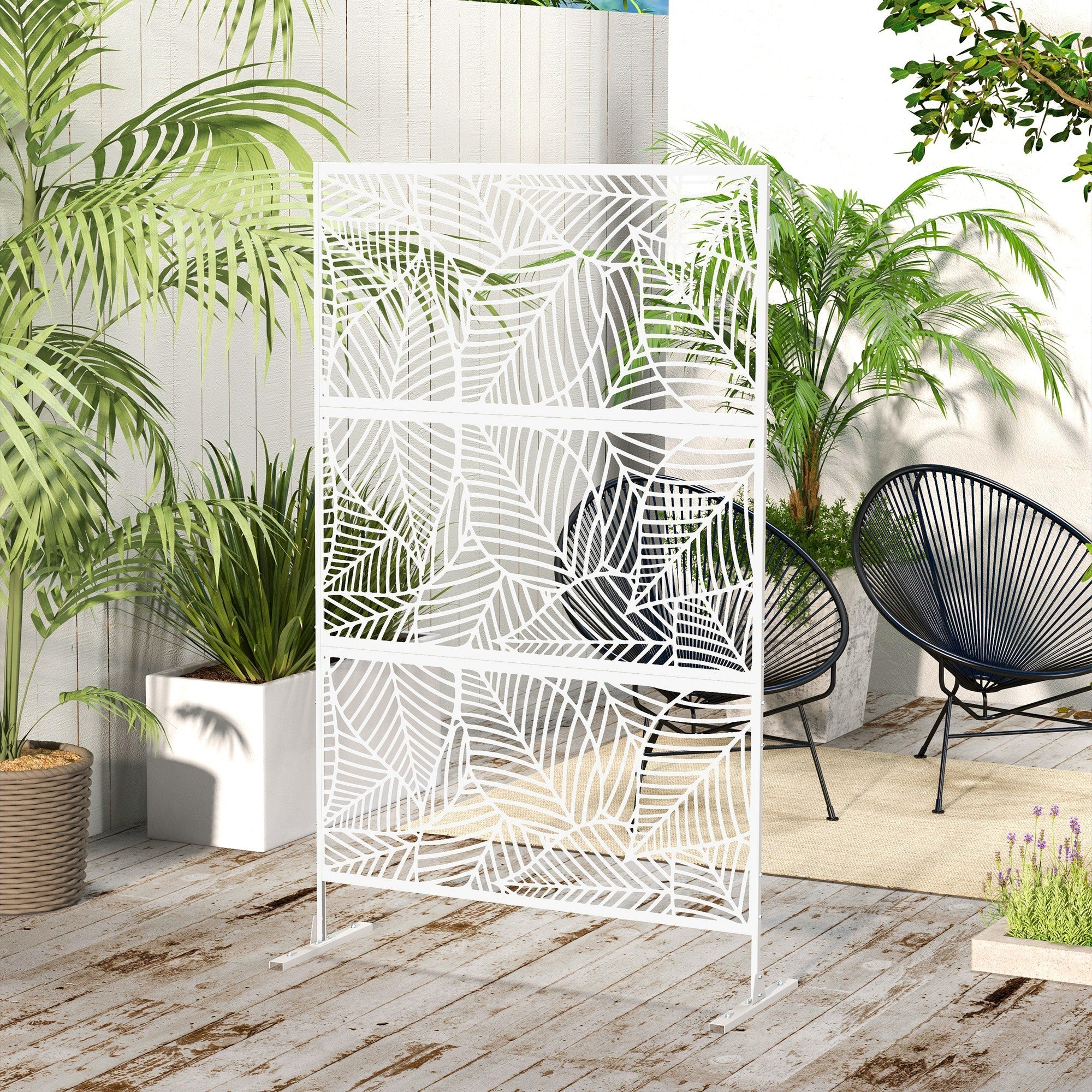Outsunny 6.5FT Decorative Outdoor Divider, Metal Privacy Screen with Stand, Large Leaf Style, White 