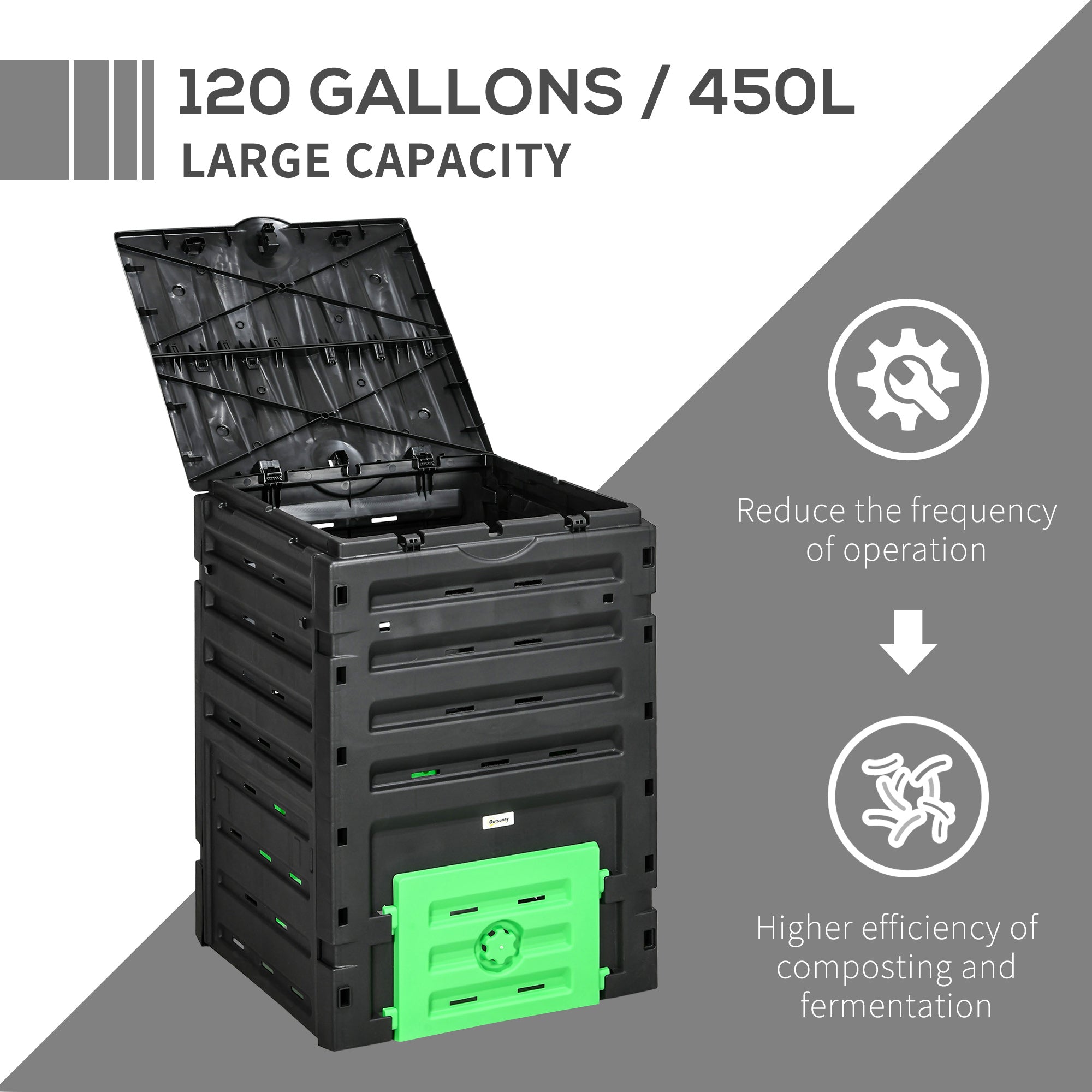Outsunny Compost Bin, 120 Gallon (450L) Garden Composter with Gloves, 80 Vents and 2 Sliding Doors, Lightweight & Sturdy 