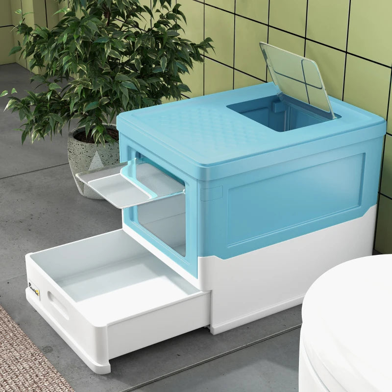 Top Entry Enclosed Kitty Litter Box with Scoop, Tray, Front Entry, Large Space, Foldable, Portable, Blue