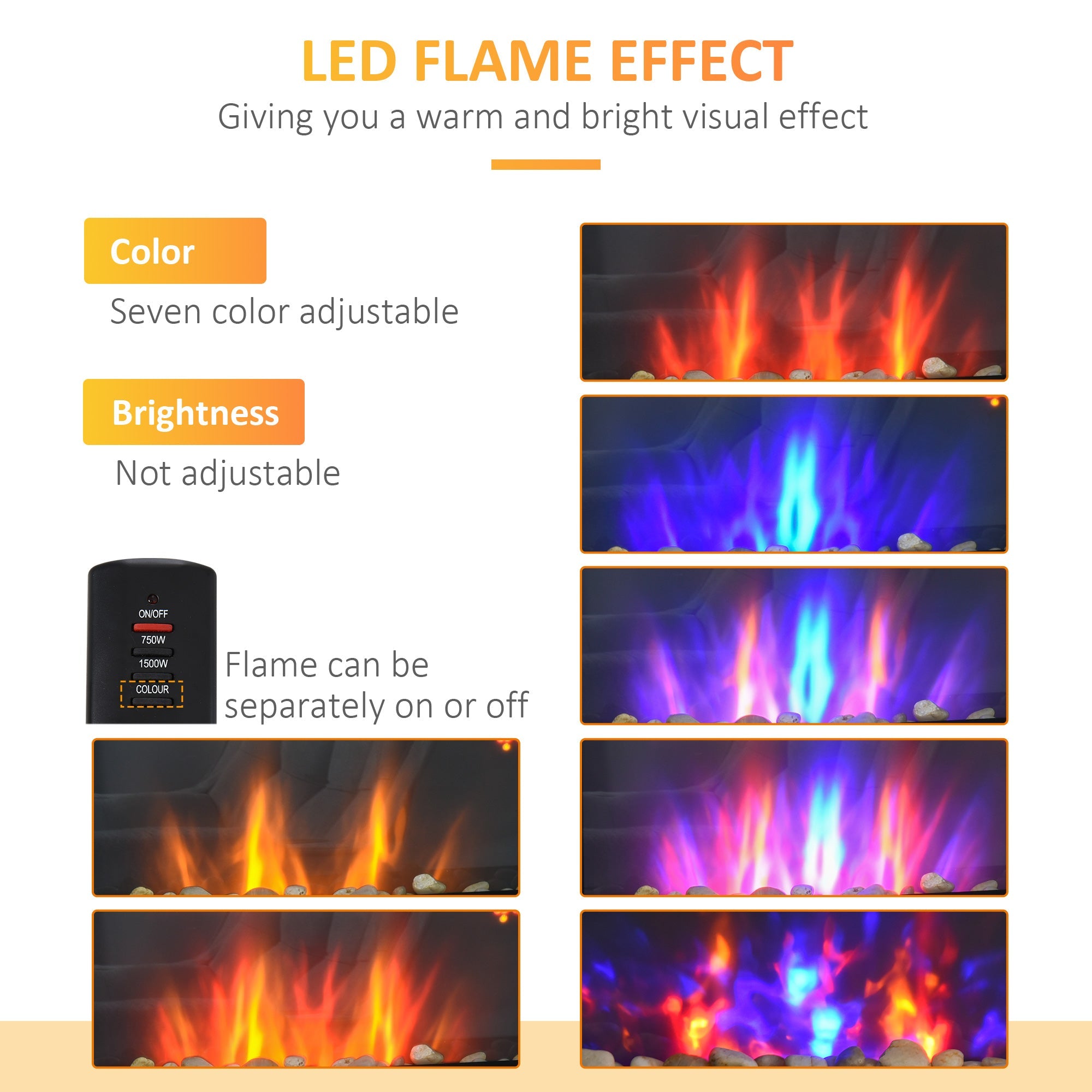 HOMCOM 28.5" Wall Mounted Electric Fireplace Heater with 7 Color Light, LED Flame Effect and Remote Control, 750W/1500W, Black 