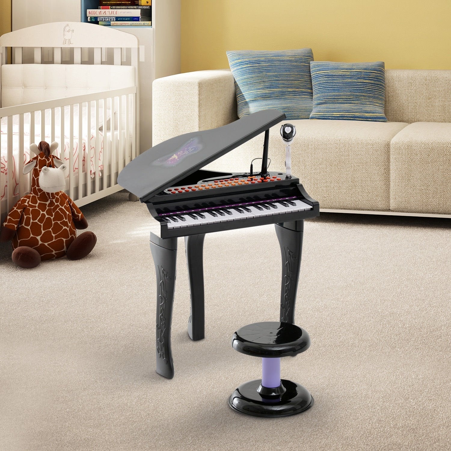Qaba Mini Electronic Musical Piano 37 Key Keyboard Multifunction Kids Toy w/ Microphone Stool (Black) 