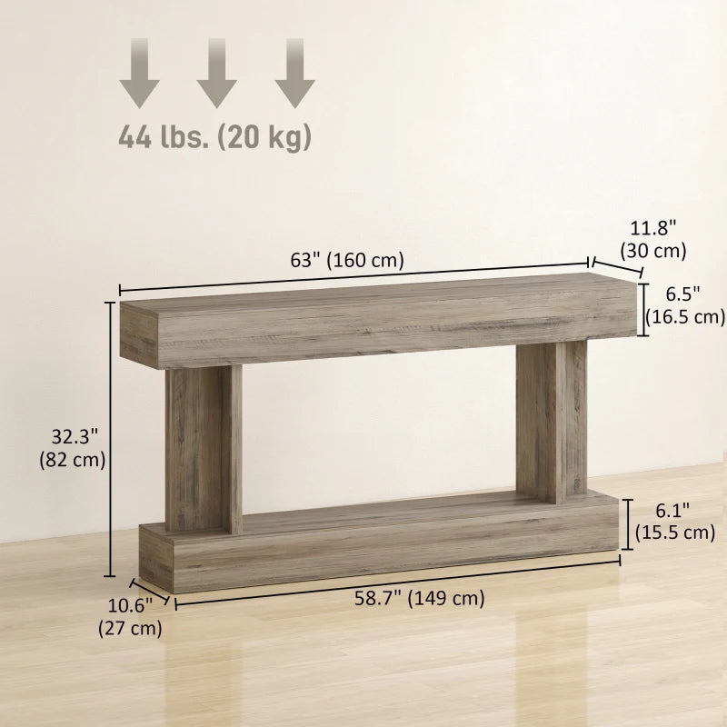 63 Inch Long Console Table, Vintage Narrow Entryway Table with Storage Shelf for Living Room and Hallway, Light Brown