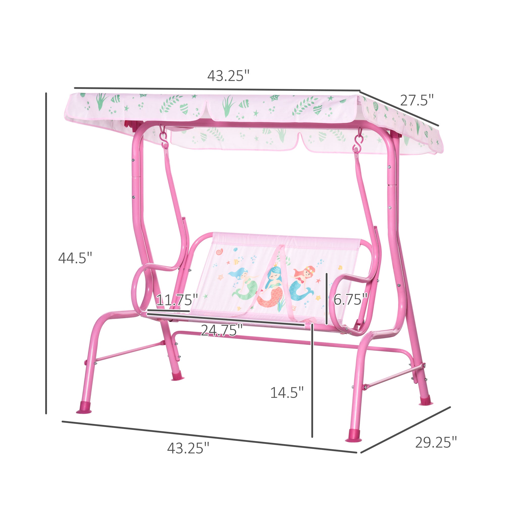 Outsunny 2-Seat Kid Swing with Canopy Mermaid Pattern Pink Outdoor Patio Chair Adjustable Awning 