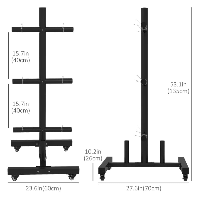 Soozier Weight Plate Rack, Bumper Plate Rack Holder for 2 inch Plates and Bars, with 4 Transport Wheels and 6 Fasten Clamps, 440 lbs Capacity