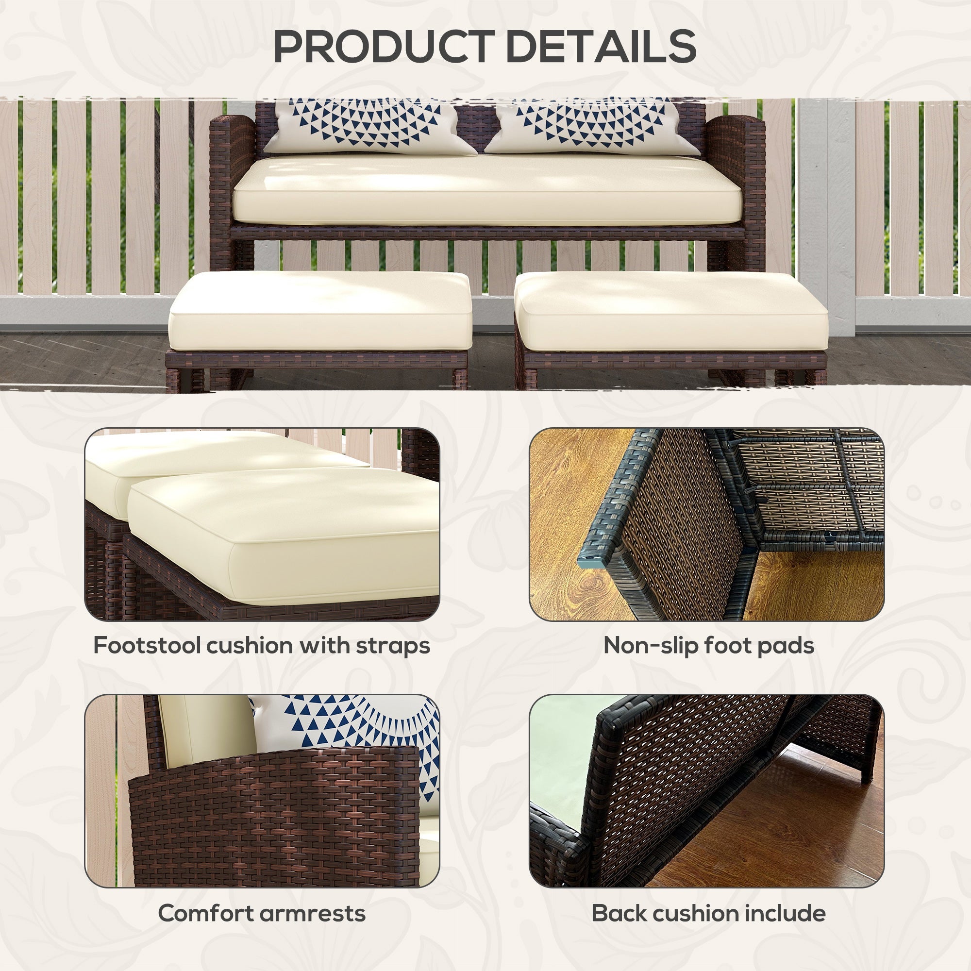 Outsunny 3 Pieces PE Rattan Patio Furniture Wicker Conversation Sofa Sets w/ Multi-functional Footstools and Two Pillows, Beige 