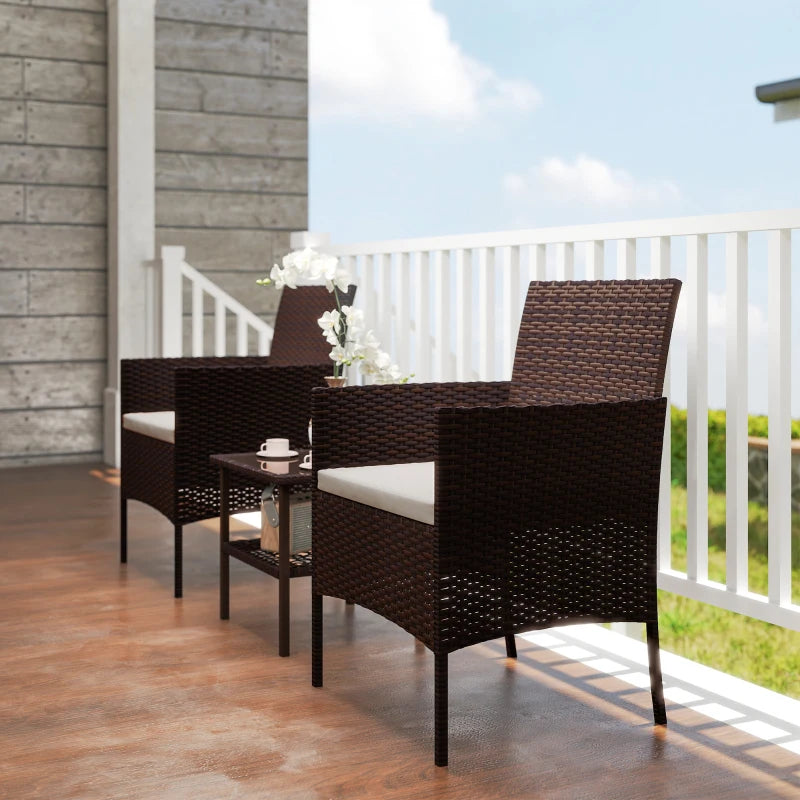 Wicker Bistro Set, 3 Piece Patio Furniture Set with 2-Tier Glass Top Table, Cushions for Balcony, Porch, Beige