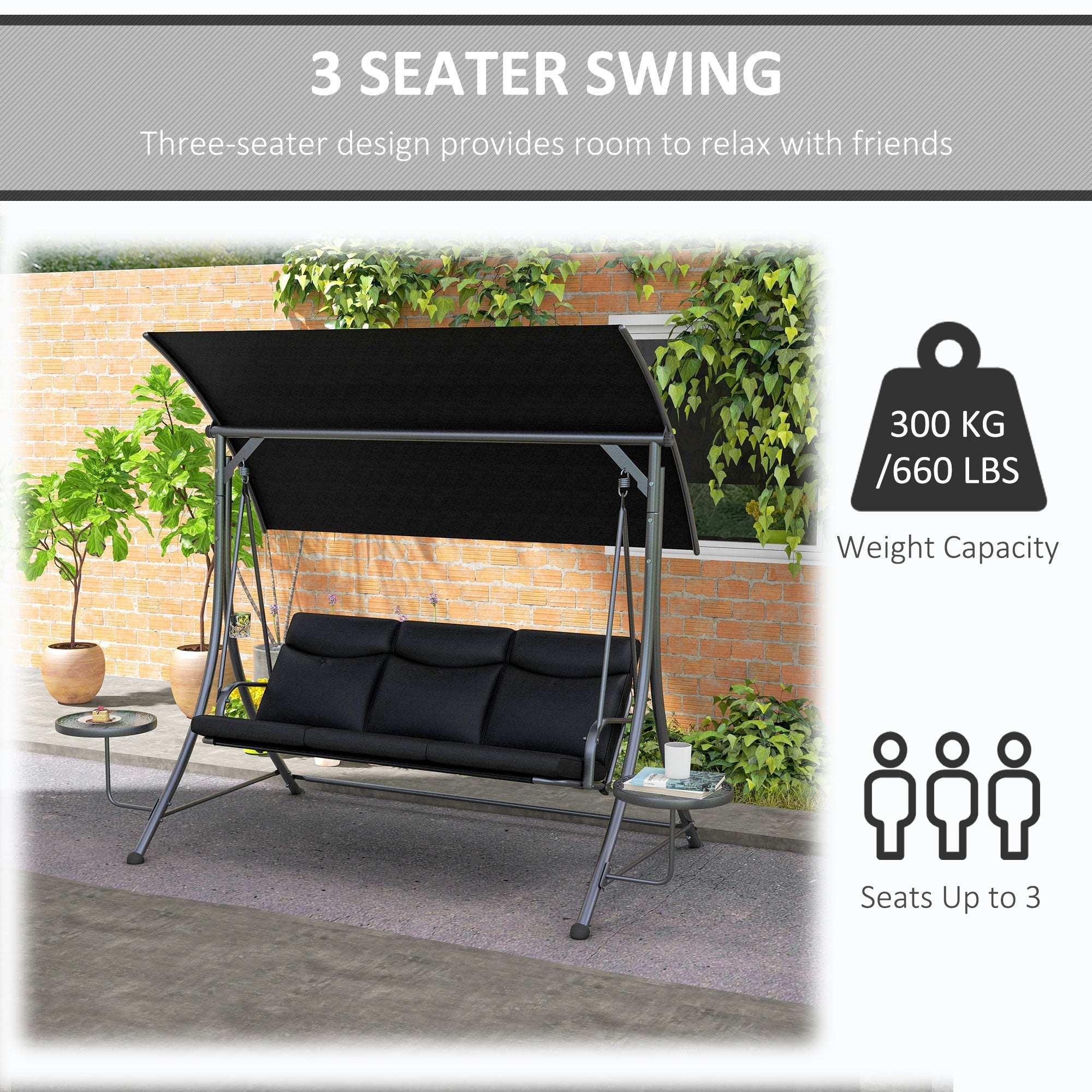 Outsunny 3 Seat Outdoor Swing Bench with Adjustable Canopy Coffee Table Cushions for Patio Garden Black 