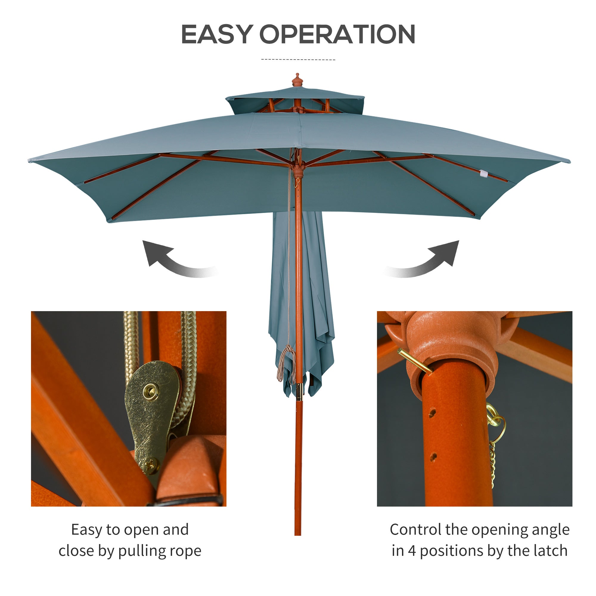 Outsunny 10x10ft Garden Market Parasol Wood Square Patio Umbrella Sunshade Canopy with 2 Pulley Pagoda Style Dark Grey 