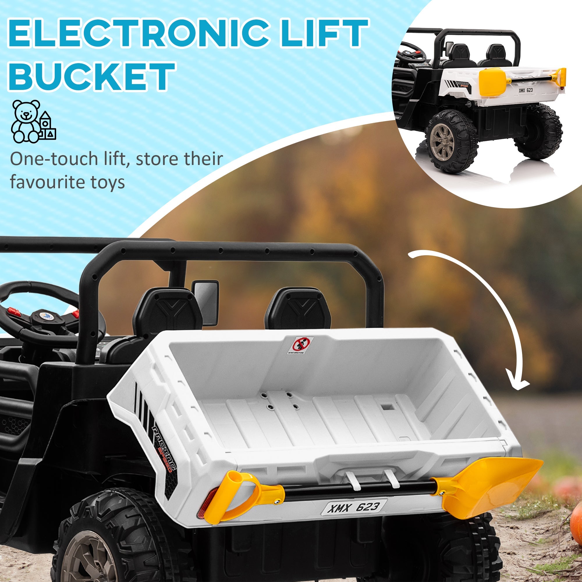 Aosom 12V Ride-On Car 2-Seater Electric Bucket Shovel Remote Control Spring Suspension Horn Music White 