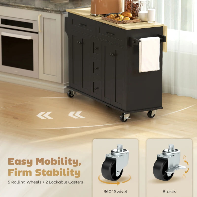 Kitchen Island Cart with Power Outlet & Drop Leaf, 55" Rolling Kitchen Island on Wheels with Storage, Black