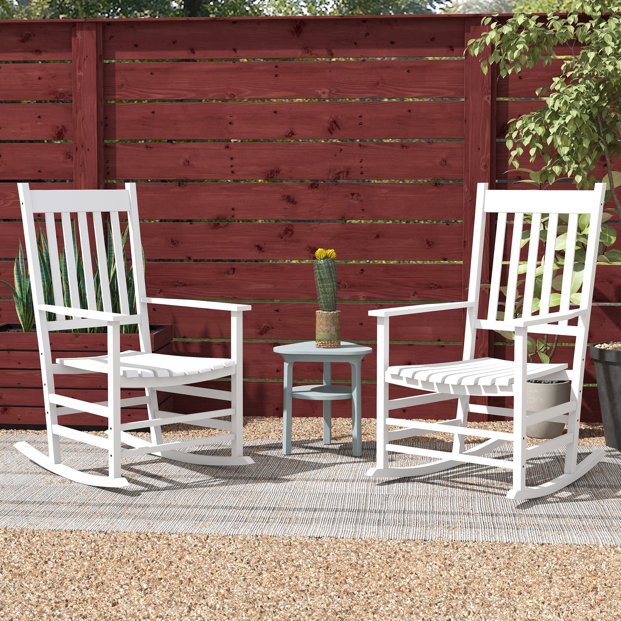 Outsunny Wooden Patio Rocking Chairs Set of 2, Outdoor Rocker Chairs with Wide Armrests, High Back for Garden, Balcony, White 