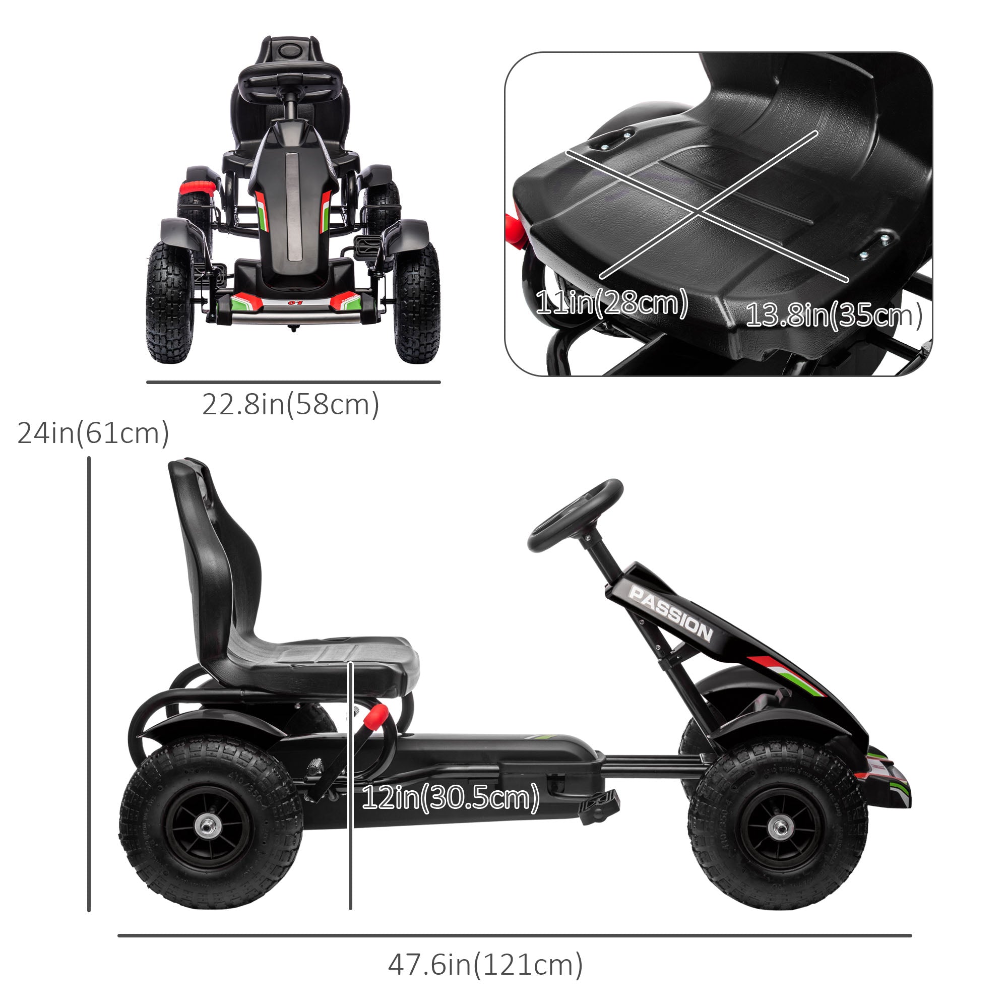 Aosom Kids Pedal Go Kart Ride-On Car Adjustable Seat Handbrake Rubber Wheels Outdoor Play Black 