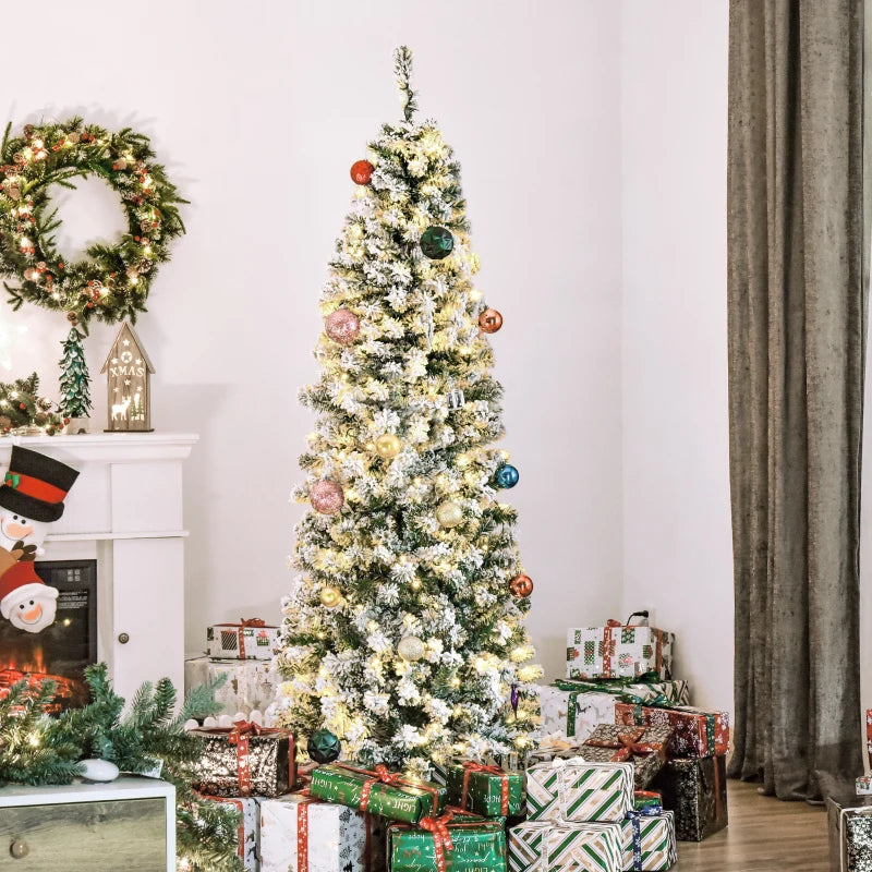 HOMCOM 7.5FT Prelit Snow Flocked Christmas Tree with Warm White LED Lights, Artificial Holiday Decoration 