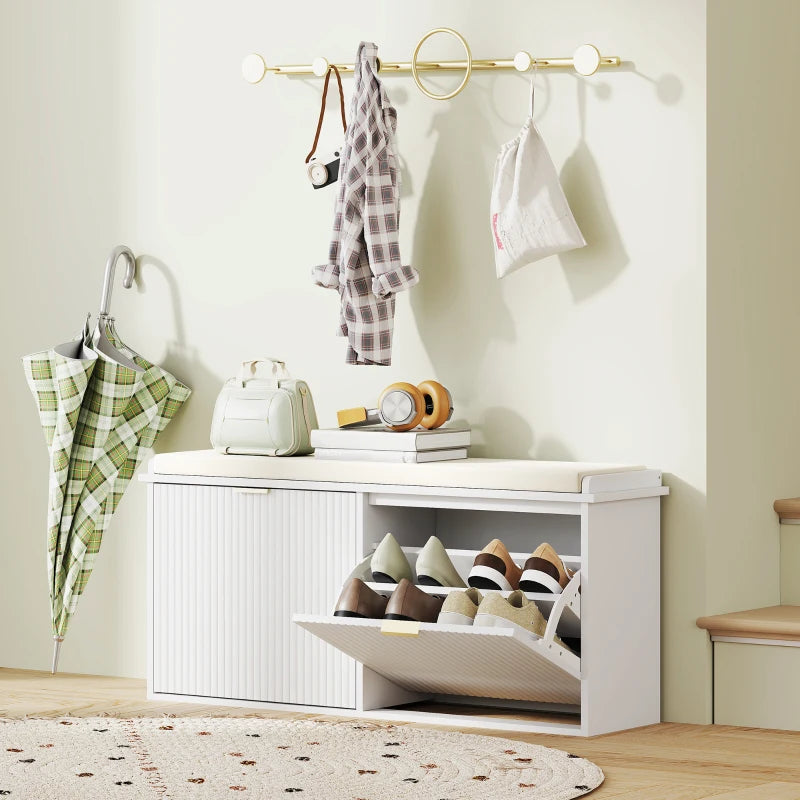 Entryway Bench with Padded Seat and Flip-Drawers, Holds up to 529lbs, Shoe Storage Bench for 10 Pairs of Shoes, White