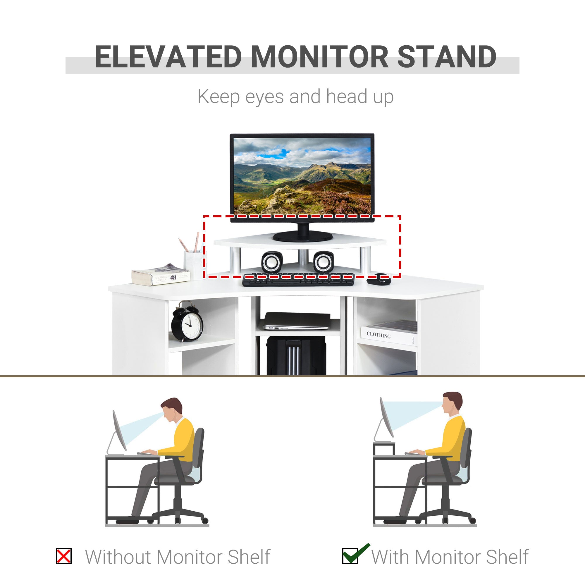 HOMCOM L-Shaped Desk with Monitor Stand Home Office Corner Workstation Small Space Solution White 