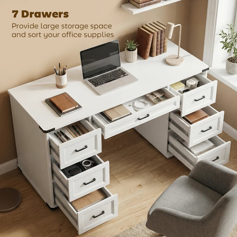 55" Computer Desk with 7 Drawers, Farmhouse Executive Desk for Home Office, Study, Bedroom, White Wood Grain
