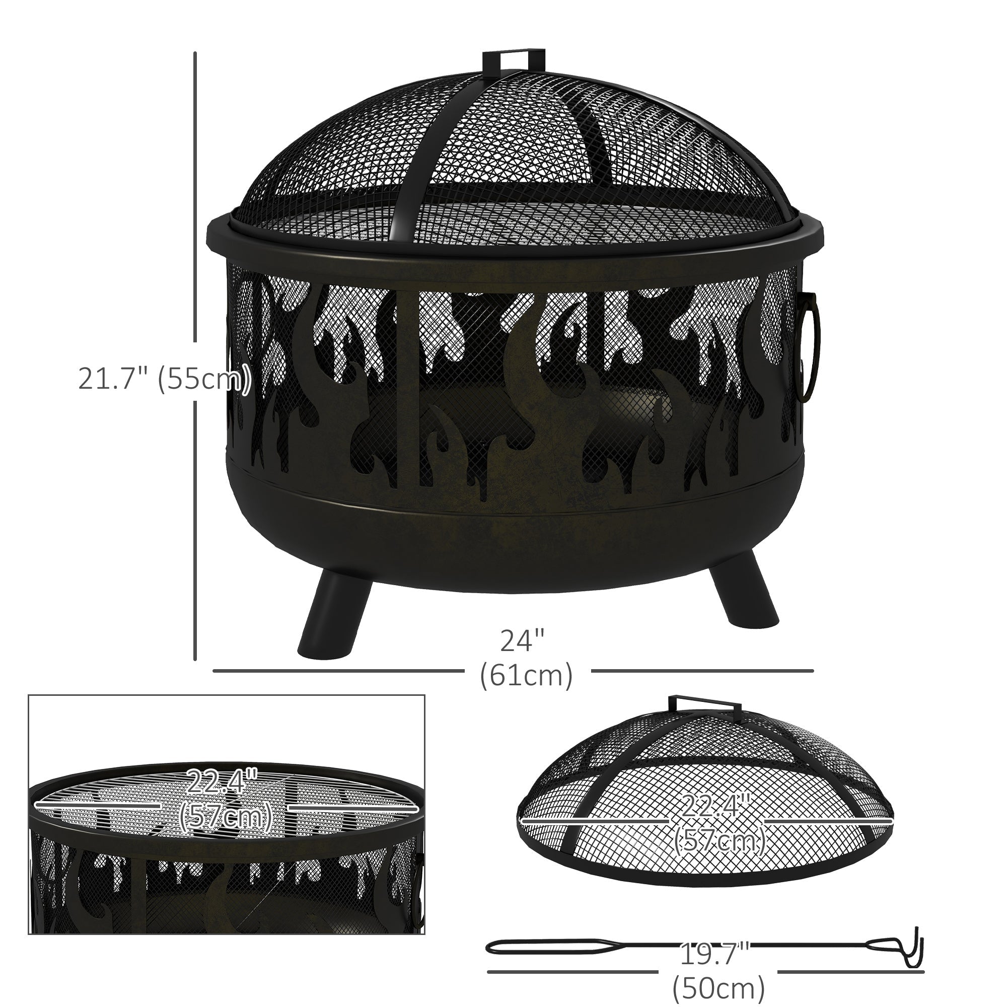 Outsunny Metal Fire Pit 24" Round Outdoor Firepit Bowl with Lid Grill Poker for Garden Camping BBQ Bonfire Black 