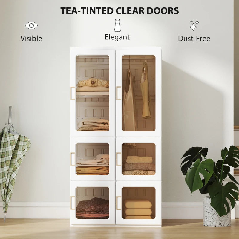 Portable Wardrobe, Foldable Plastic Closet with 5 Compartments, Hanging Rod and Magnetic Doors, White
