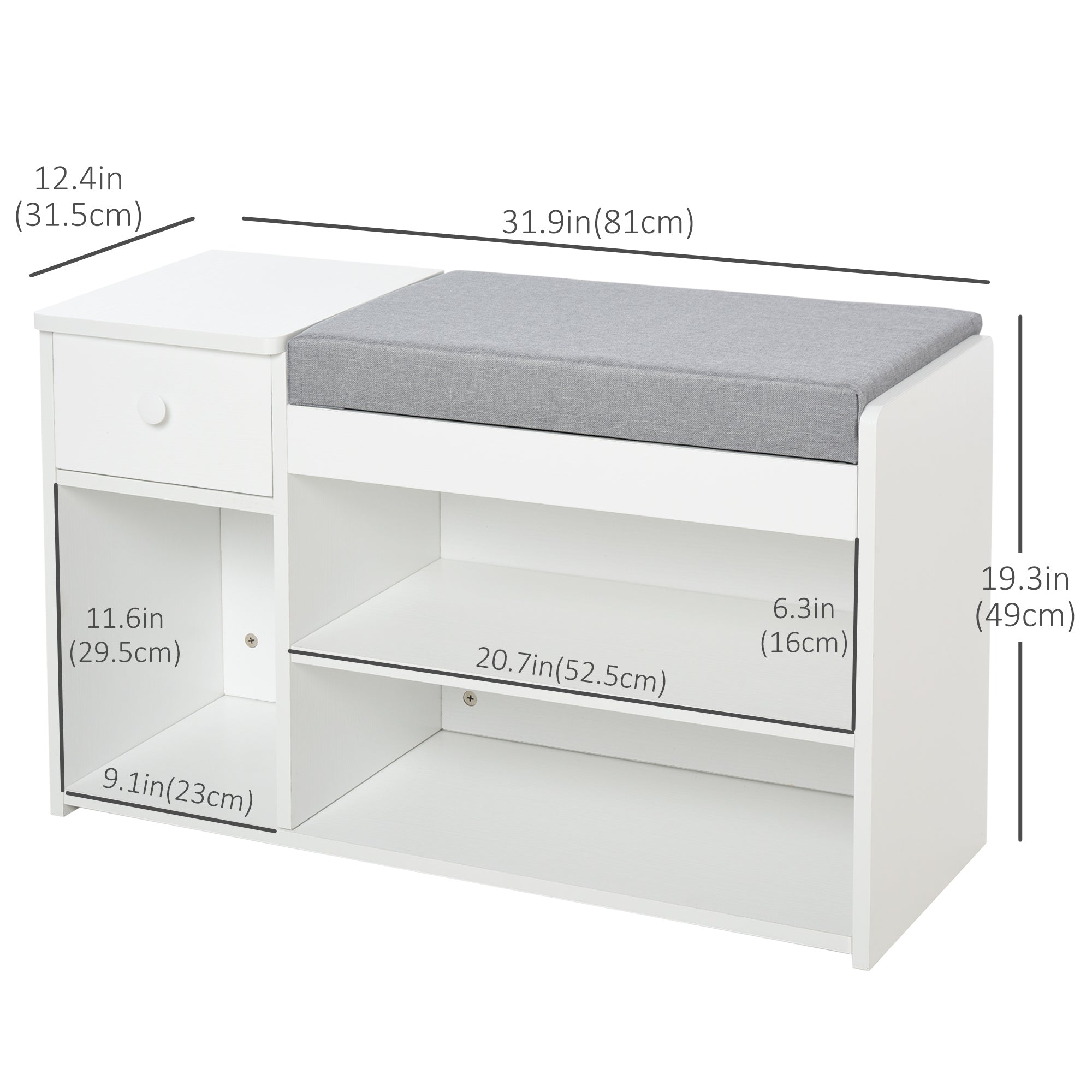 HOMCOM Entryway Shoe Oasis: Storage Bench with Drawer, Padded Cushion, 3 Compartments for Hallway, White Finish 