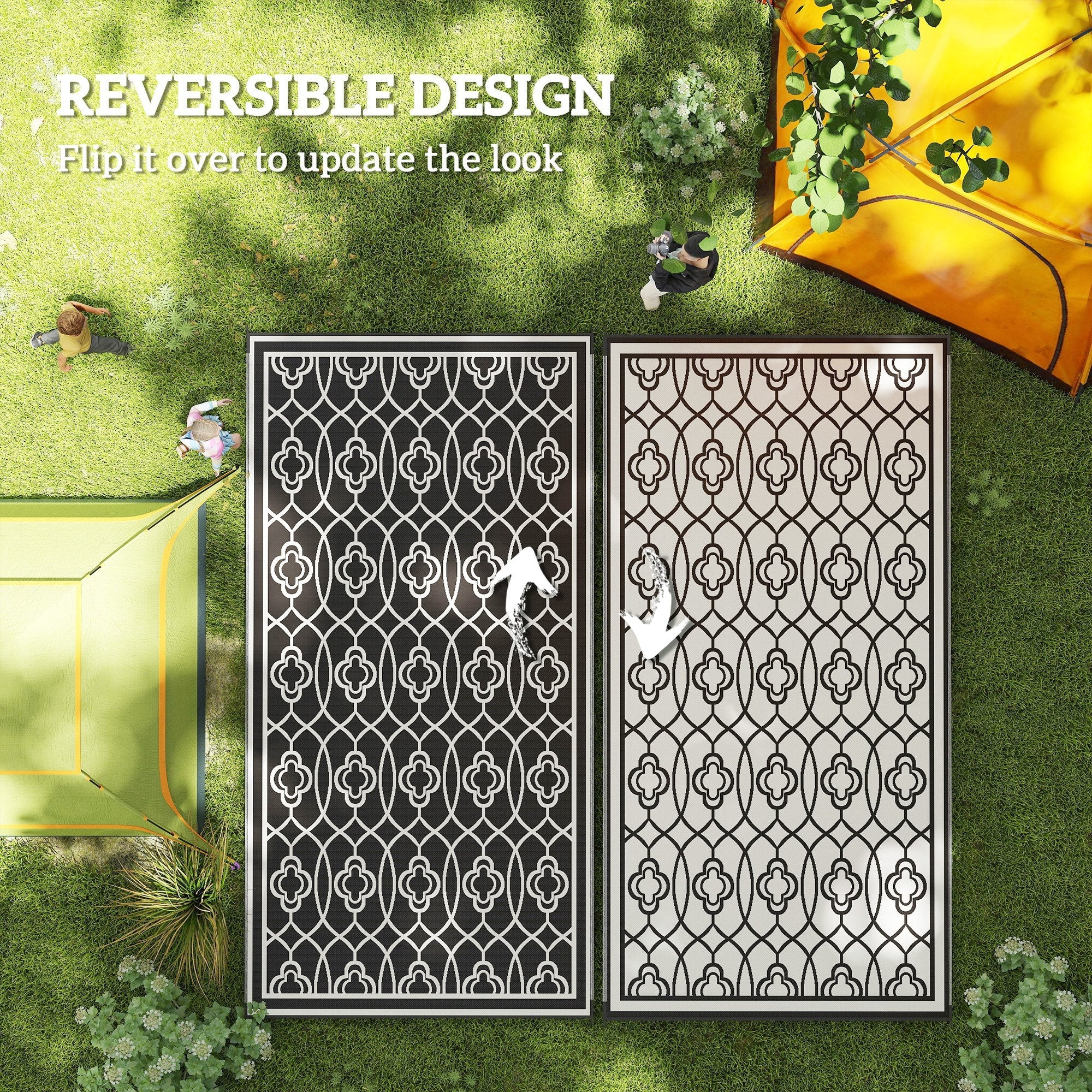 Outsunny 9' x 18' Outdoor RV Rug, Reversible Patio Floor Mat with Carry Bag, Lantern, Black and White 