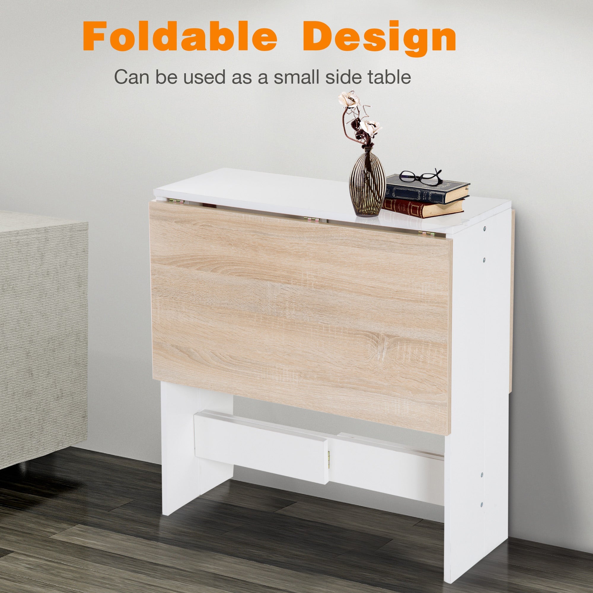 HOMCOM Drop Leaf Table Wood Folding Dining Table Multi-Use Side Table Dining Desk Space Saving Home Furniture White/Oak 