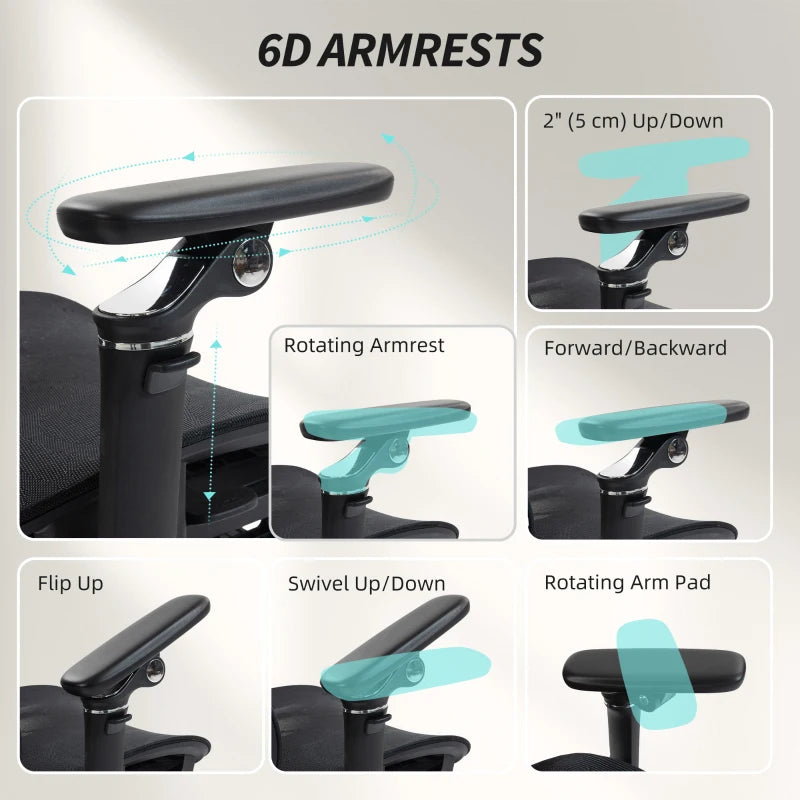 Ergonomic Office Chair, Mesh Computer Chair with High Back, Lumbar Support, 6D Armrests, Headrest, Footrest, Black