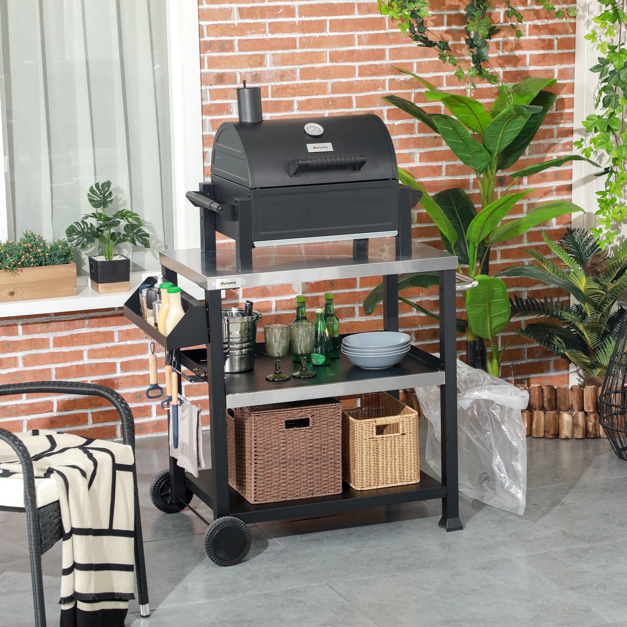 Outsunny 3-Shelf Outdoor Grill Cart Table with Side Handle, Stainless Steel Pizza Oven Stand on Wheels, Black 