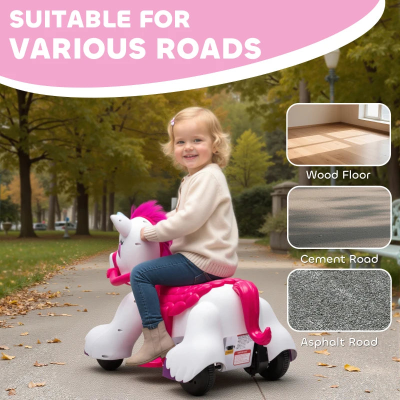 Qaba 12V Unicorn Ride on Toy, Battery Powered Kids Electric Ride on Horse with Carrot Toy, Comb, Animal Sounds, for Age 18-36 months