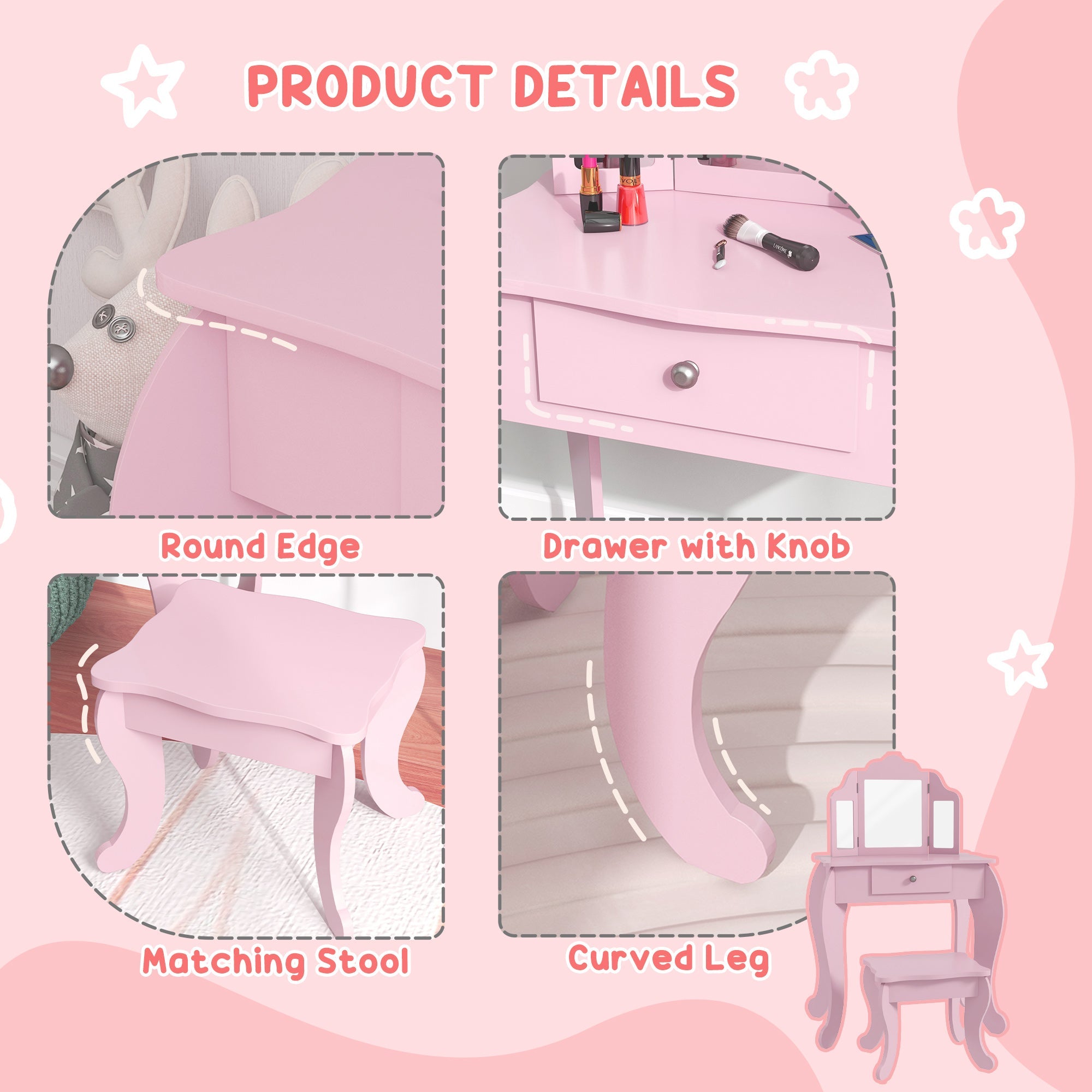 Qaba Star Heart Vanity Table: Tri-Fold Mirror, Drawer, Makeup Desk & Stool for Girls, Pink 