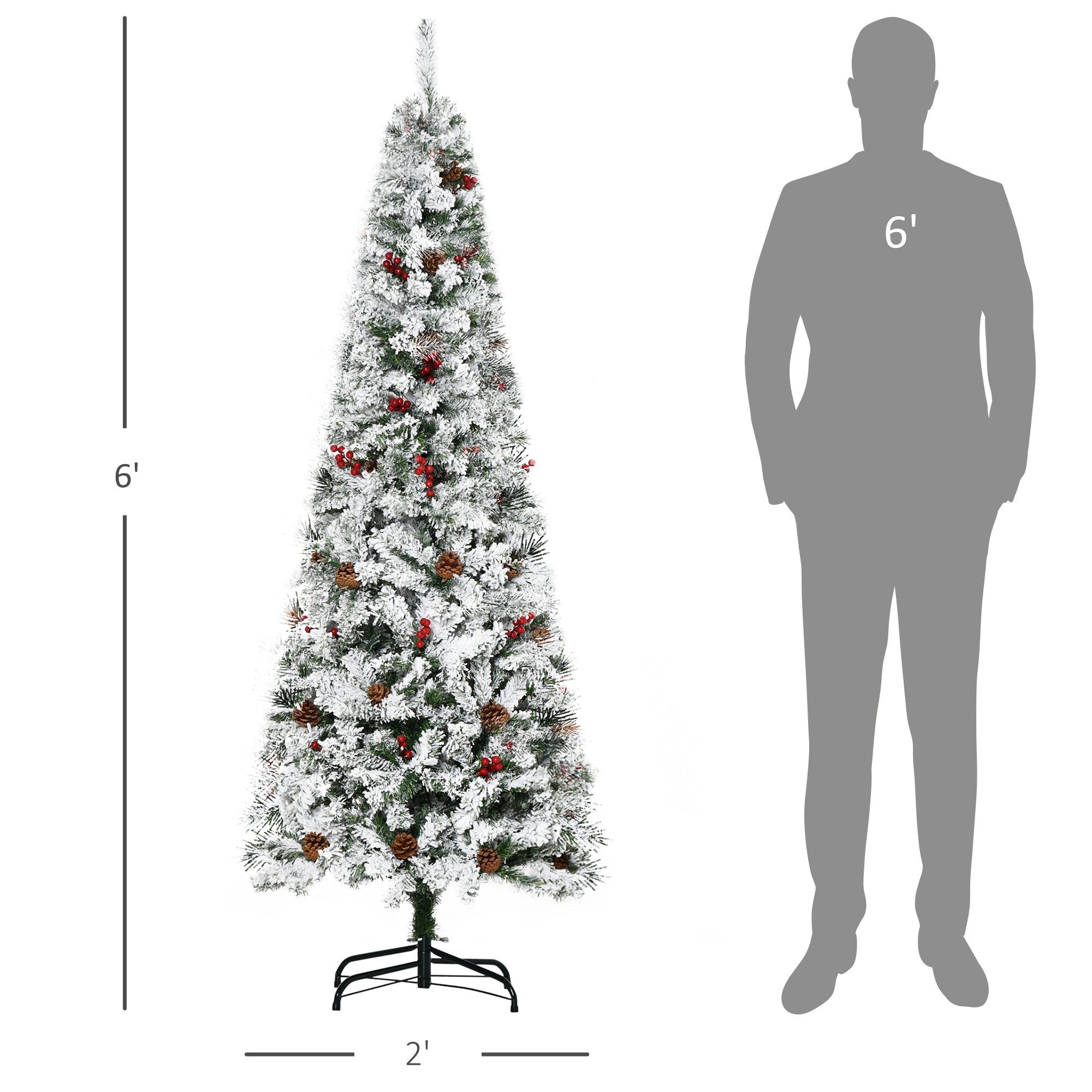 HOMCOM 6 FT Pencil Snow Flocked Artificial Christmas Tree with Pine Realistic Branches, Pine Cones, Red Berries, Auto Open, Green 