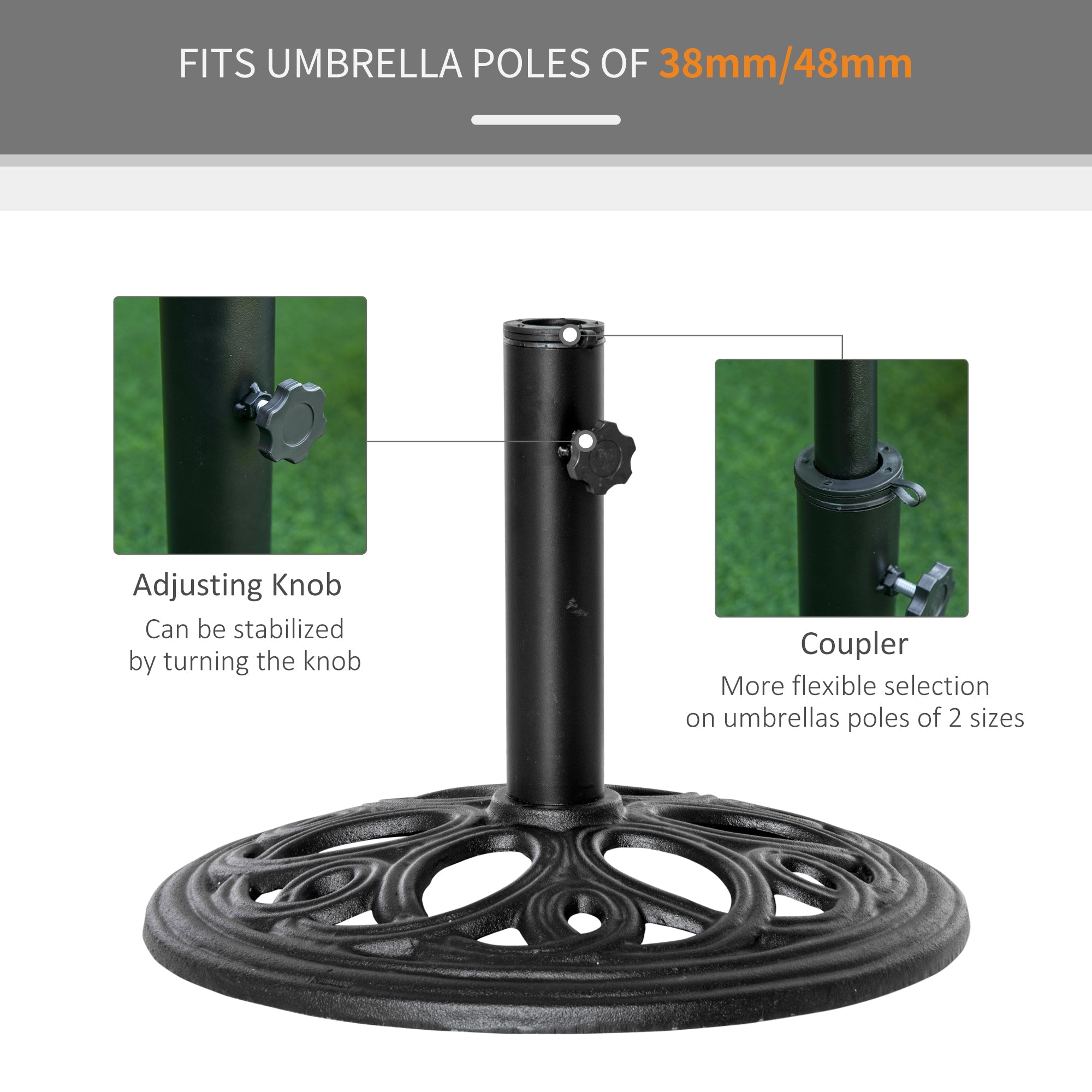 Outsunny Round Cast Iron Patio Umbrella Base: Outdoor Stand Holder for Φ38/48mm Poles, Black 