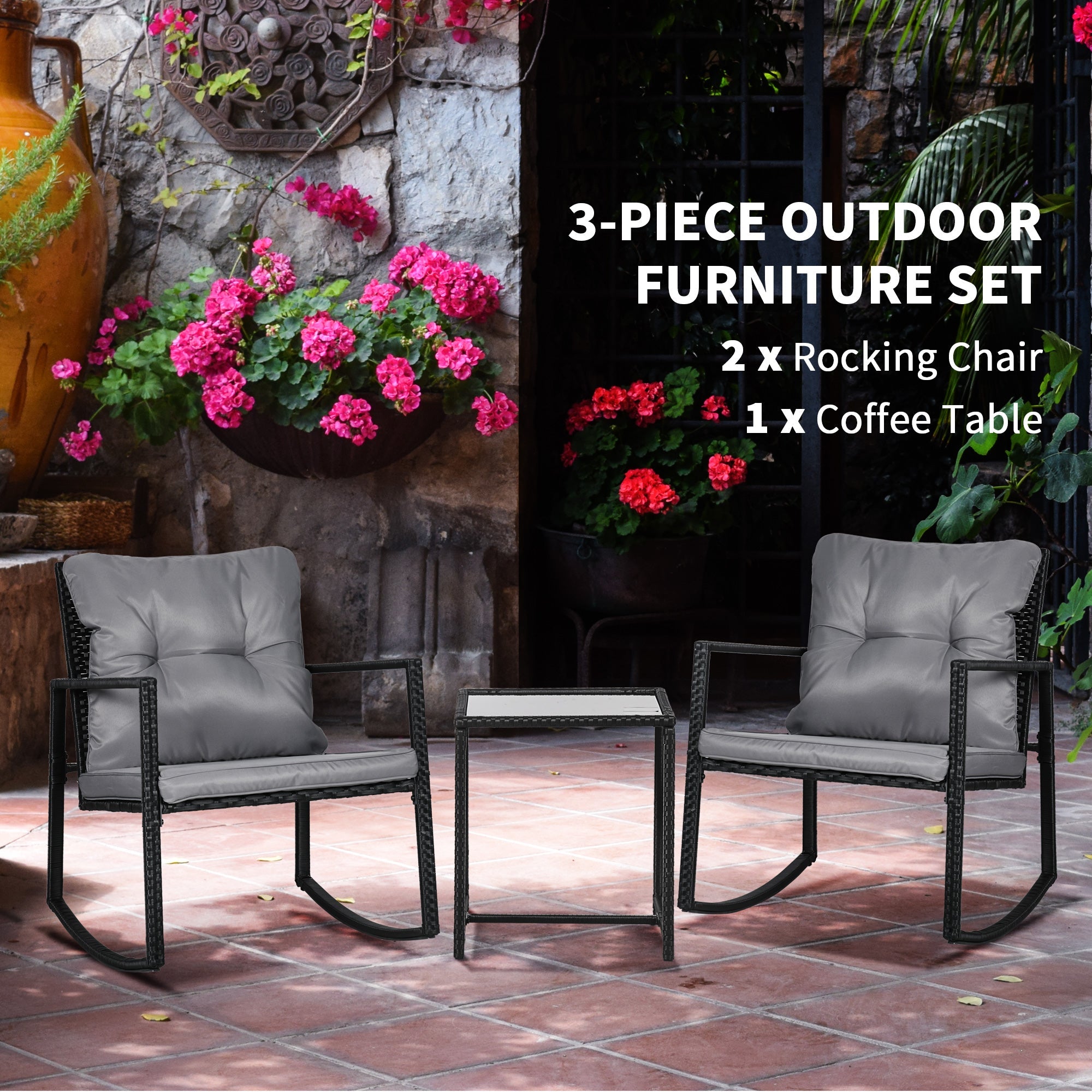 Outsunny 3-Piece Rocking Bistro Set, Wicker Outdoor Furniture with Glass Coffee Table, Rocking Chairs for Porch & Lawn 
