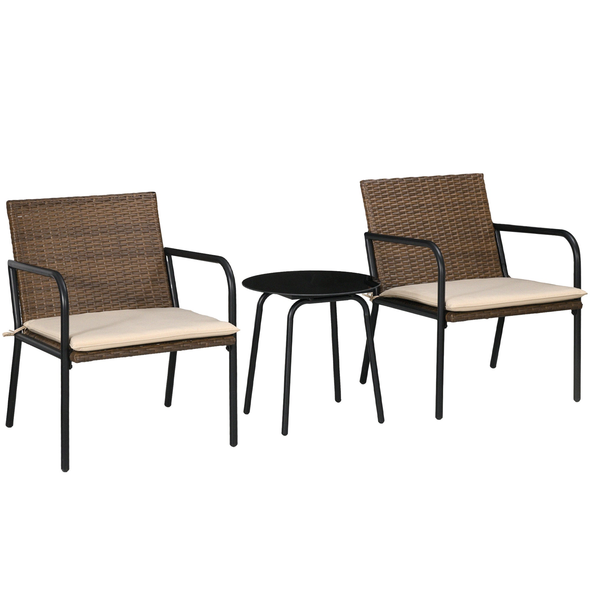 Outsunny 3 Pieces Outdoor Wicker Furniture Set with Soft Cushions Tempered Glass Coffee Table for Garden, Backyard, Khaki 