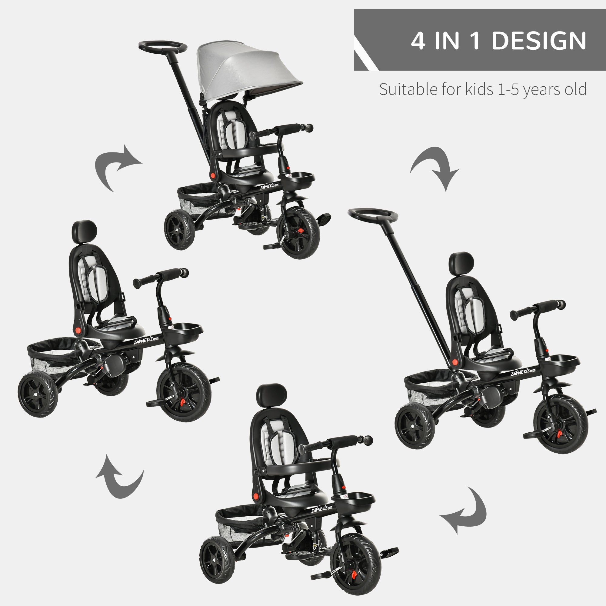 Qaba Baby Tricycle 4 In 1 Trike with Reversible Angle Adjustable Seat Removable Handle Canopy Handrail Belt Storage, Grey 
