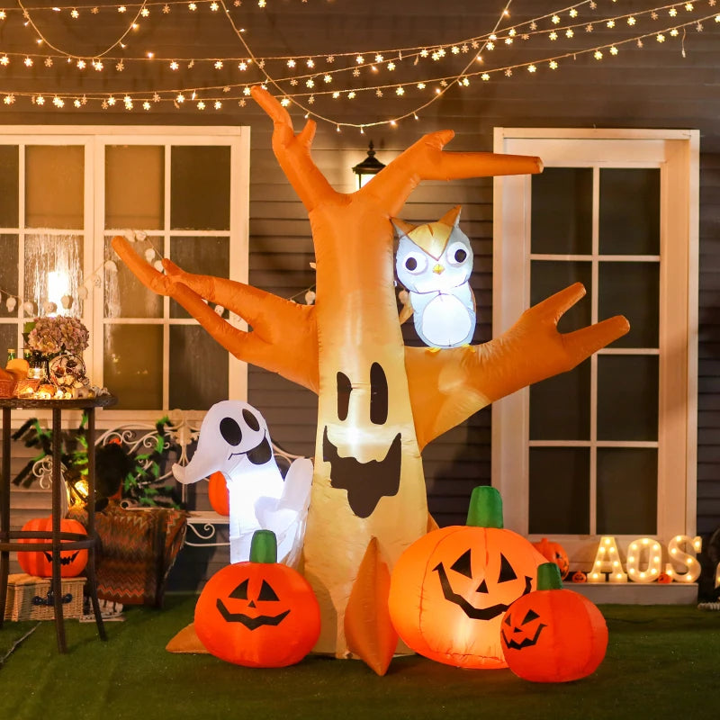 HOMCOM Inflatable Haunted Tree – LED Lighted Halloween Decoration with Owl, Ghost, and Pumpkins 