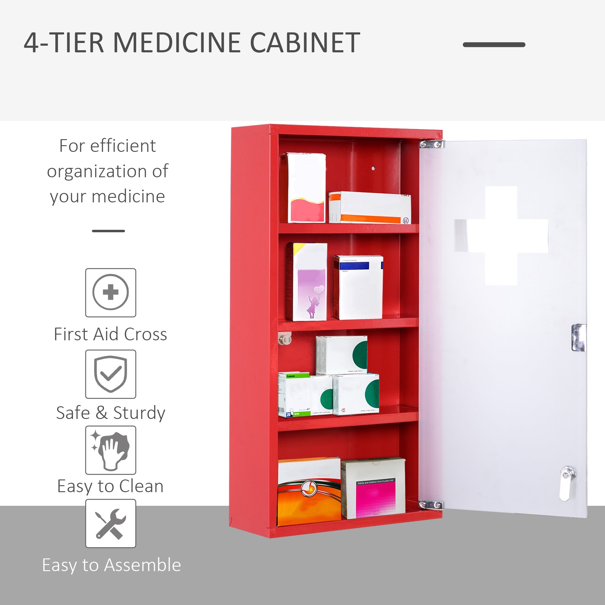 HOMCOM Wall Mount Medicine Cabinet Bathroom 4 Tier Shelves Steel Frame Glass Door Lockable 2 Keys 
