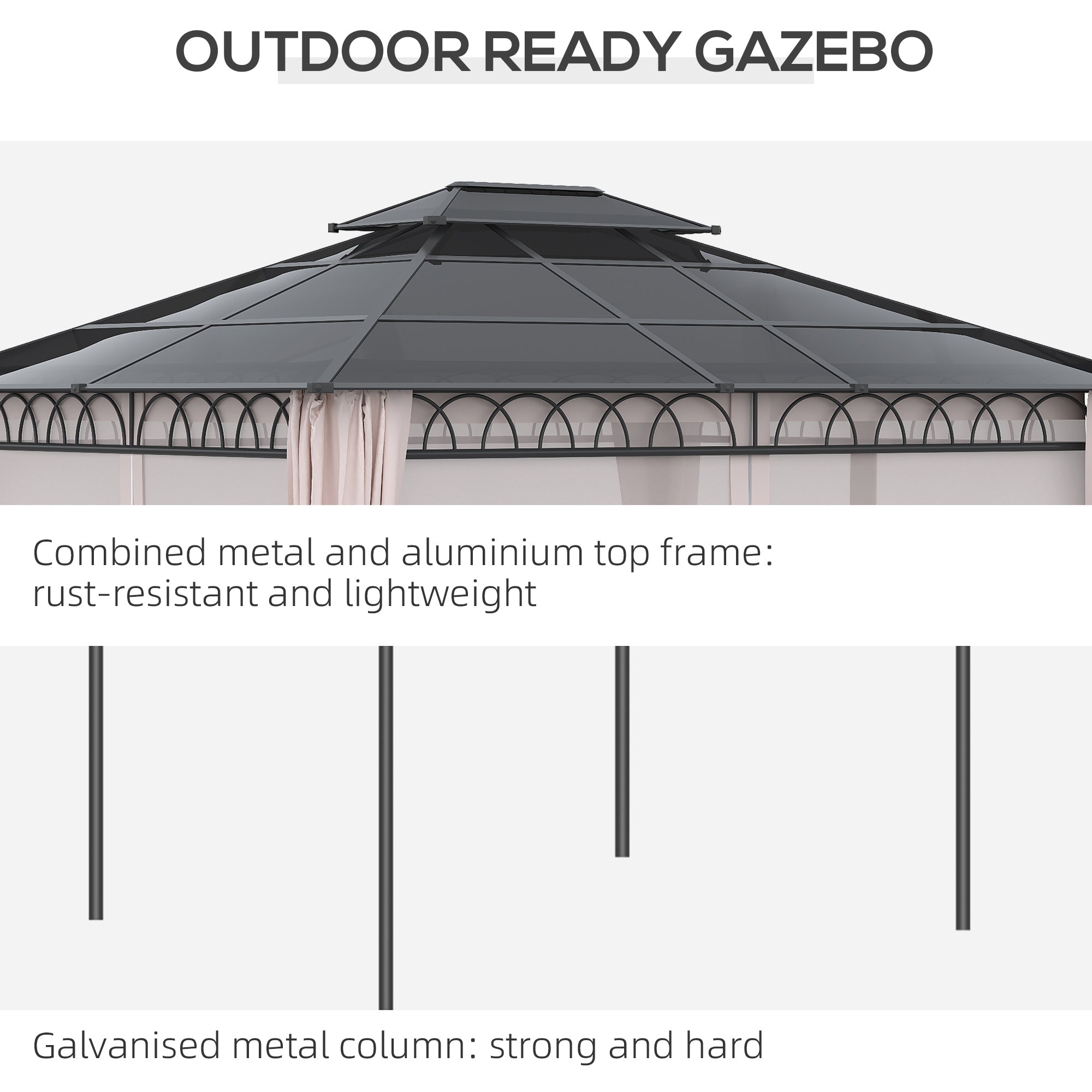 Outsunny 10' x 12' Outdoor Hardtop Gazebo Canopy w/ Double PC Roof, Steel Frame, Nettings, Curtains for Garden Lawn Deck, Khaki 