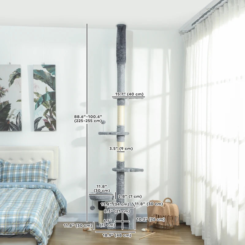 Floor to Ceiling Cat Tree, 4 Tiers Tall Kitty Climbing Tower with Scratching Post, Adjustable Height 87-100"