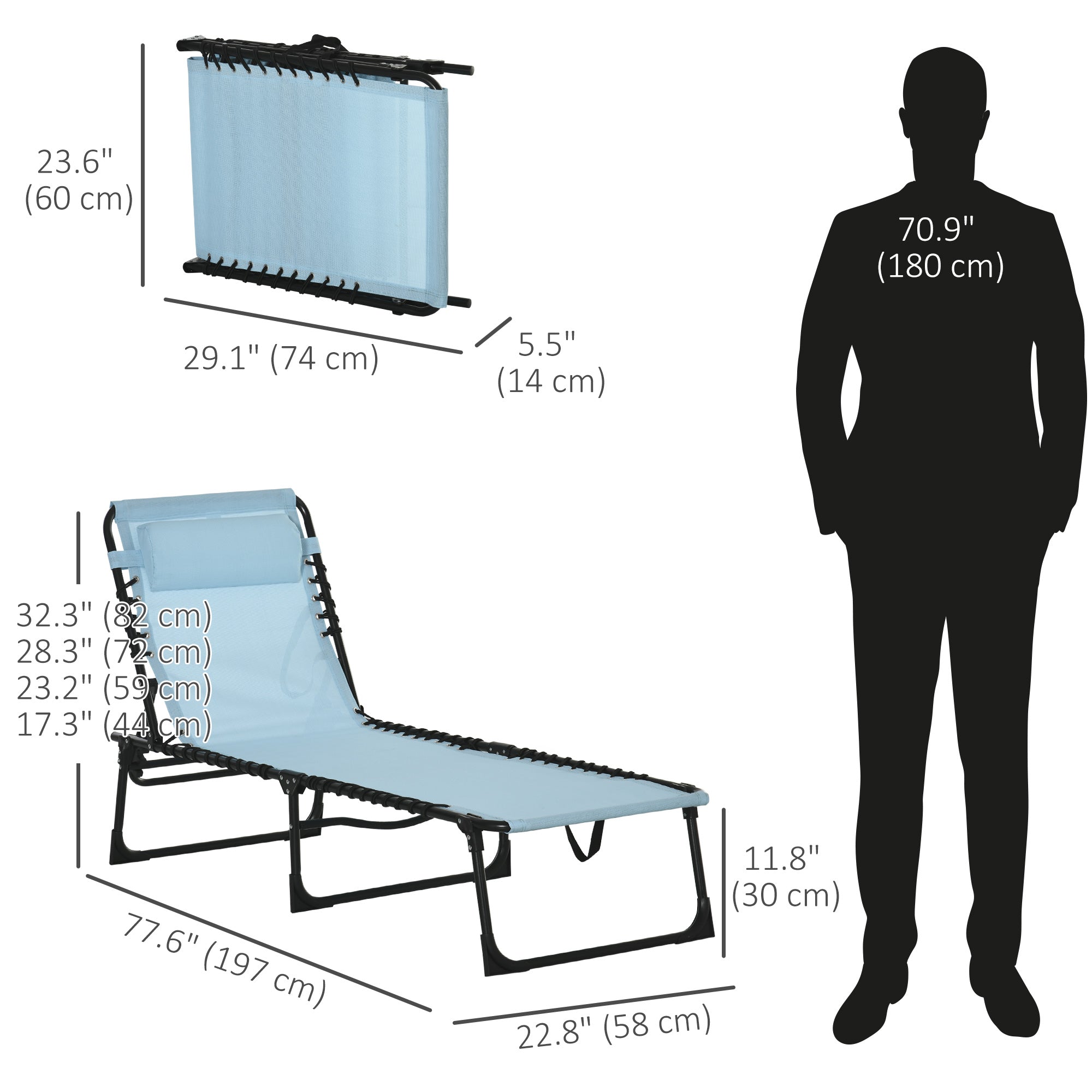 Outsunny Adjustable Folding Beach Bed 4-Level Reclining Lounger Lightweight Portable Camping Light Blue 