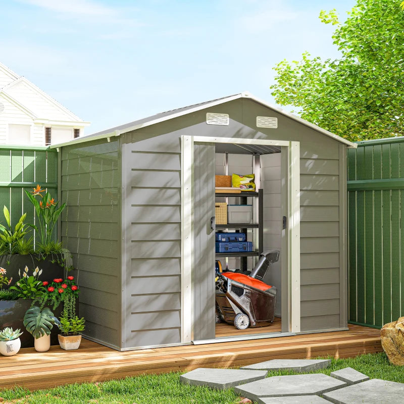 7.7' x 6.5' Outdoor Metal Garden Shed House Hut Gardening Tool Storage with Ventilation, Light Grey
